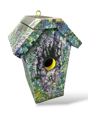 Unique Hand-Painted Floral Wooden Birdhouse - Multi-Color Green & Purple NWT
